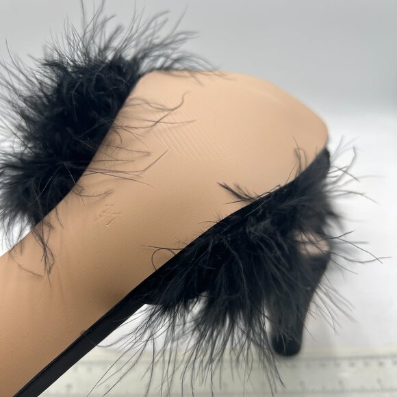 XYD Black Block Heel Mules Faux-fur Open Square Toe High Heel Slides Sandals - Picture 6 of 8